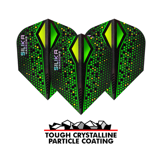 Harrows Silika Colorshift Tough Crystalline Coating Green-X No6 Flights Im Bild erkennbar sind die Harrows Silika Colourshift Tough Crystalline Coating Green-X No6 Flights. Auffällige Muster sind sichtbar.