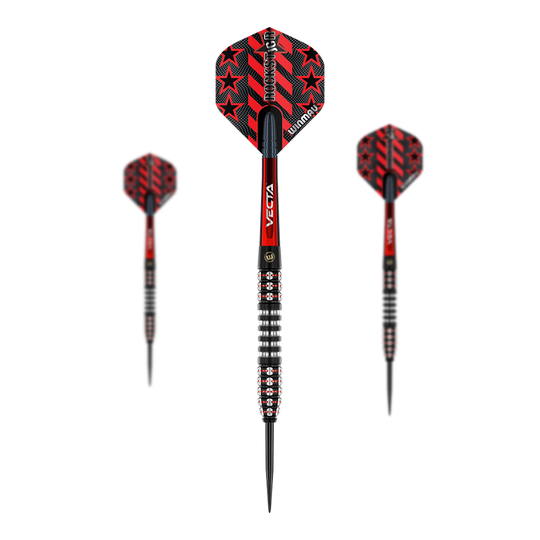 Winmau Joe Cullen Ignition Series Steeldarts Das Bild zeigt die Winmau Joe Cullen Ignition Series Steeldarts. Die Darts sind schwarz und rot gestaltet und haben rote Sterne auf den Flights.