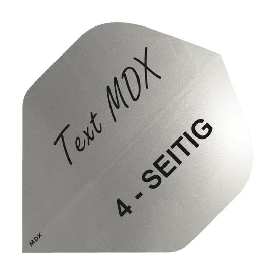 10 Satz Bedruckte Metallic Flights 4-Seitig - Wunschtext - MDX Standard Das Bild zeigt einen silbernen Dartflight mit der Aufschrift "Text MDX" und "4-SEITIG". Der Flight hat eine metallische Oberfläche und eine spezielle Form.