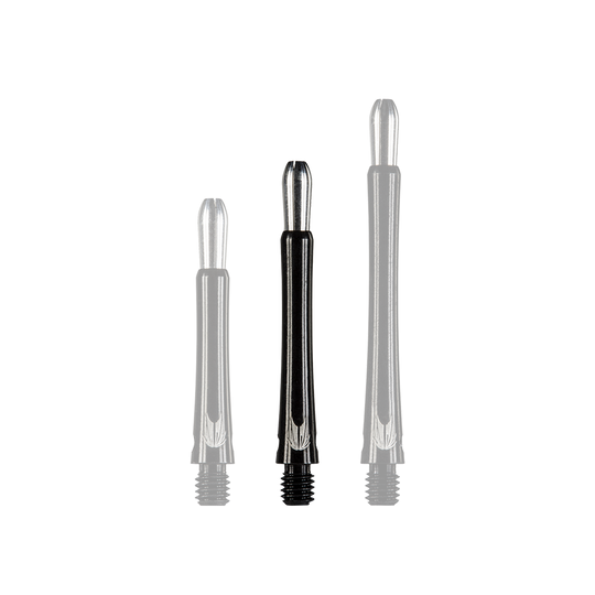 146220_Target_Grip_Style_Aluminium_Shafts_Schwarz_408mm_1lIdzTTY7N9wws Auf dem Bild sind drei unterschiedlich lange schwarze Aluminiumschäfte für Darts zu sehen. Sie stehen nebeneinander aufrecht auf einem neutralen Hintergrund.