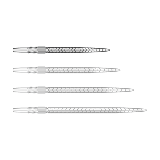 Target Swiss Point RVE Dartspitzen - Silber Das Bild zeigt vier silberne Dartspitzen mit einem Muster aus Linien. Sie sind nebeneinander angeordnet und unterscheiden sich nur in ihrer Position.