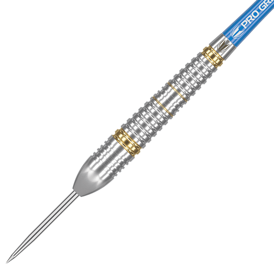 170003_Target_Phil_Taylor_Brass_Steeldarts_2 Das Bild zeigt einen Target Phil Taylor Brass Steeldart mit einem Gewicht von 22 Gramm. Der Dartpfeil hat eine silberne Oberfläche mit goldenen Ringen und einer blauen Flights.