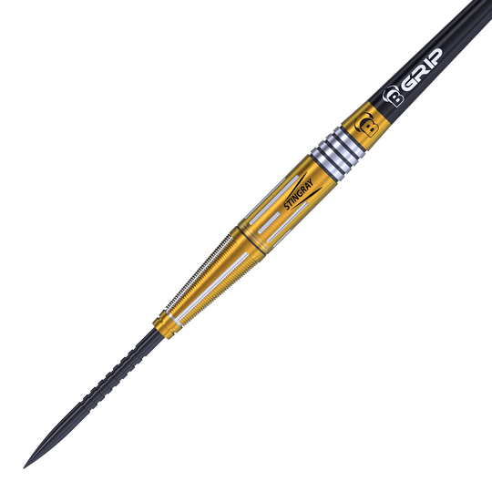 Bulls Stingray ST4 Steeldarts Das Bild zeigt einen Bulls Stingray ST4 Steeldart. Der Dartpfeil hat einen goldfarbenen Schaft mit silbernen Akzenten und einer schwarzen Spitze.