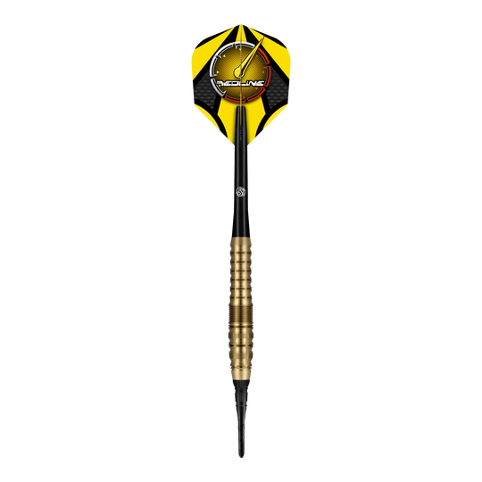 Dardos suaves Shot Redline Gizmo - 20 g Der "Shot Redline Gizmo Softdart - 20g" ist ein Softdartpfeil mit gelben und schwarzen Flights. Der Dart hat einen goldfarbenen Griff und eine schwarze Spitze.