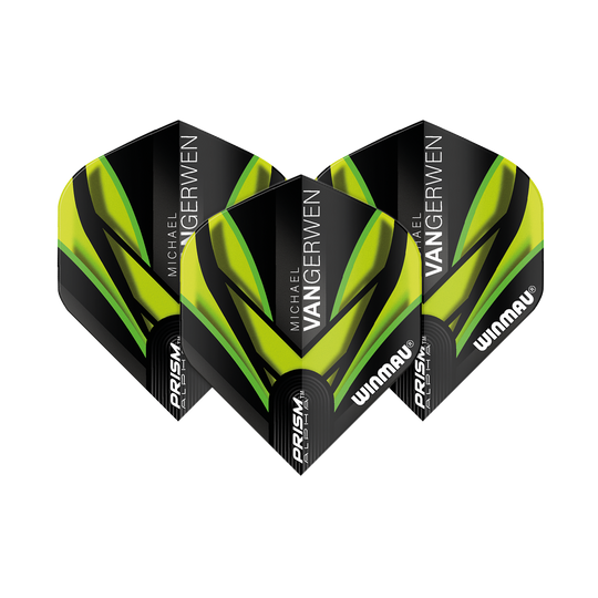 6915-145_Winmau_Prism_Alpha_MvG_Black_Green_V2_Standard_Flights_1L0YLPsbolBsWU Winmau Prism Alpha MvG Black Green V2 Standard Flights mit modernem Linienmuster. Die Flights sind nebeneinander angeordnet.