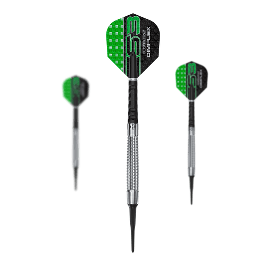 Fléchettes souples coniques Harrows Dimplex S3 Das Bild zeigt drei Softdarts mit silbernen Spitzen und grün-schwarzen Flights. Auf den Flights steht der Produktname "Harrows Dimplex S3".