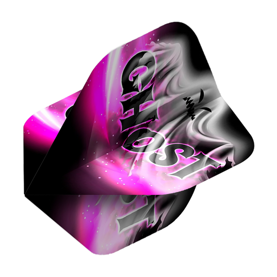Mission Solo Bailey Marsh No2 Standard Flights Das Bild zeigt ein Dartflight mit dem Aufdruck "GHOST" in großen Buchstaben. Die Farben sind hauptsächlich Schwarz, Weiß und Pink mit einem nebligen, geisterhaften Muster.