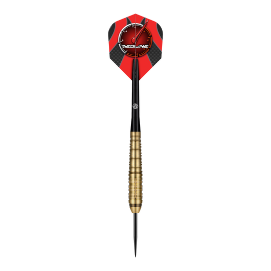 Dardos de acero Shot Redline Mach 1 Das Bild zeigt einen Steeldartpfeil mit goldfarbenem Griff und schwarzer Spitze. Die Dartflügel sind rot-schwarz gestaltet und tragen das "Redline"-Logo.