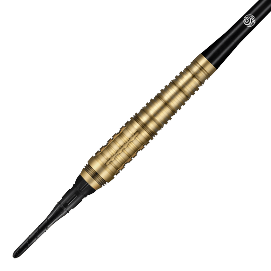 Shot Redline Mach 1 soft darts - 20g Auf dem Bild ist ein Shot Redline Mach 1 Softdart mit einem Gewicht von 20g zu sehen. Der Dartpfeil hat einen goldfarbenen, geriffelten Griff und eine schwarze Spitze.