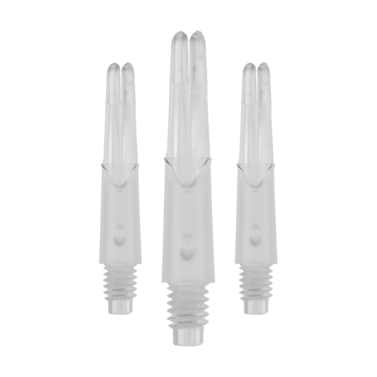 L-Style L-Shafts Locked Straight - Clear 130 Das Bild zeigt drei transparente, gerade Kunststoffschäfte für Darts ohne Kappen. Die Schäfte haben ein Schraubgewinde am unteren Ende und sind 26 mm lang.