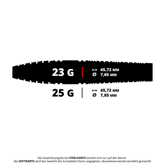 Das Bild zeigt einen Red Dragon Recon Torpedo Steeldart mit 23 Gramm. Es handelt sich um einen Wurfpfeil für das Dartspiel.