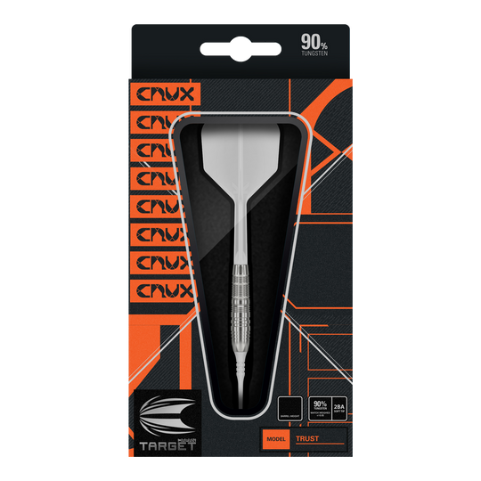 Freccette morbide Target Japan Crux Trust - 17 g Die Abbildung zeigt die Verpackung der "Target Japan Crux Trust Softdarts - 17g". Der Dart ist sichtbar durch ein Sichtfenster in der Packung und enthält Angaben wie 90 % Tungsten.