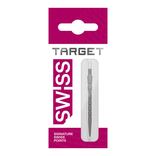 Target Signature Swiss Point TRB Steeldartspitzen - Schwarz Mehrere schwarze Dartspitzen der SwissPoint Signature TRB Serie sind zu sehen. Die Spitzen sind jeweils 42 mm lang.