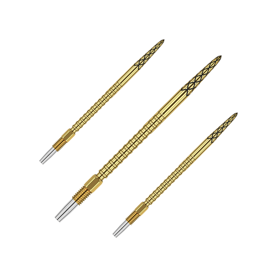 Pointes de fléchettes Target Swiss DS Surge Point - Or Das Bild zeigt drei goldene Dartspitzen mit feinen Rillen und schwarzen Mustern. Sie sind schlank und haben silberne Spitzen am Ende.