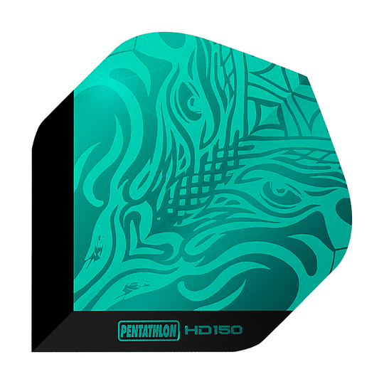 Pentathlon HD150 Metallic Aqua Standardní letky Dies ist ein Pentathlon HD150 Metallic Aqua Standard Flight. Das Flight hat ein auffälliges, türkisfarbenes Muster mit schwarzem Rand und Schriftzug.