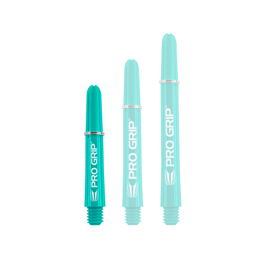 Target Pro Grip Shafts - 3 set - Aqua Auf dem Bild sind drei türkisfarbene "PRO GRIP" Schäfte in verschiedenen Längen zu sehen. Sie stehen nebeneinander und haben alle den gleichen Aufdruck und das gleiche Design.