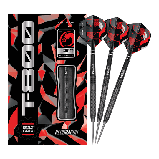 Dardos de acero Red Dragon T-800 Das Bild zeigt die Red Dragon T-800 Steeldarts und ihre Verpackung. Die Darts haben ein schwarzes Design mit roten und silbernen Akzenten.