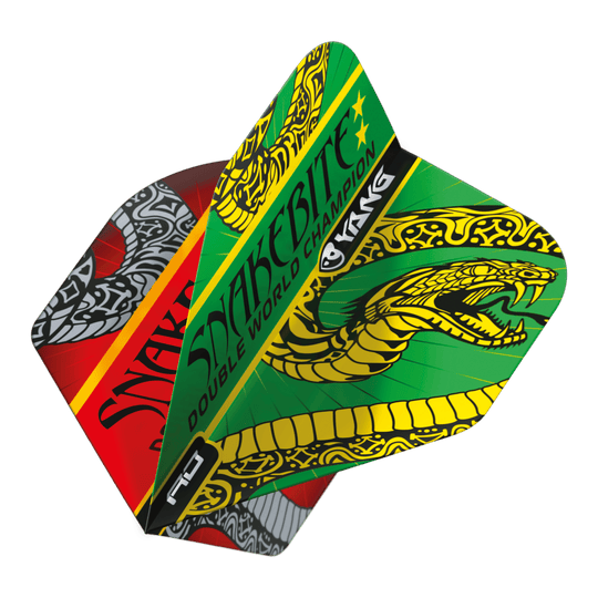 Red Dragon Peter Wright Snakebite Červeno-zelený Yin Yang Standardní lety Das Bild zeigt die Dart-Flights "Red Dragon Peter Wright Snakebite Red Green Yin Yang Standard Flights." Die Flights sind farbenfroh gestaltet und zeigen einen auffälligen Schlangen-Grafik sowie den Schriftzug "Snakebite."