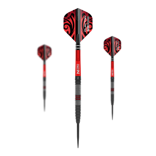 Dardos de acero Red Dragon Jonny Clayton Hiraeth Dieses Bild zeigt die Red Dragon Jonny Clayton Hiraeth Steeldarts. Die Darts haben ein auffälliges rotes und schwarzes Design mit strukturiertem Griff.