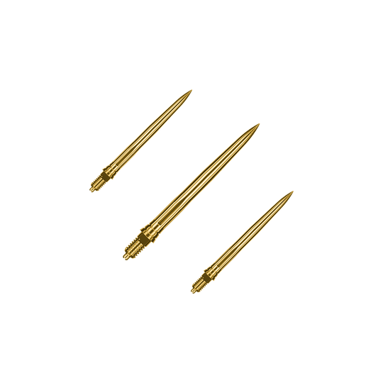 Puntas de dardo Caliburn EZ-EVO - Suaves - Doradas Dieses Bild zeigt ein Set goldener Dartspitzen mit glatter Oberfläche, vermutlich 28mm lang. Die Spitzen sind von der Marke Caliburn EZ-EVO.