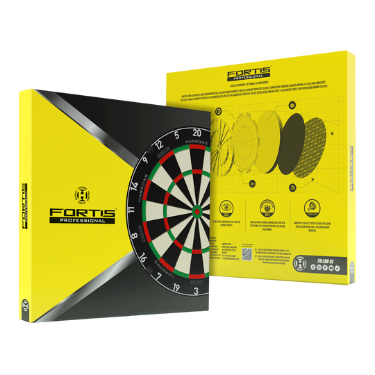 Das Bild zeigt das Produkt Harrows Fortis Steeldartboard. Es handelt sich um ein hochwertiges Dartboard für Steeldarts.