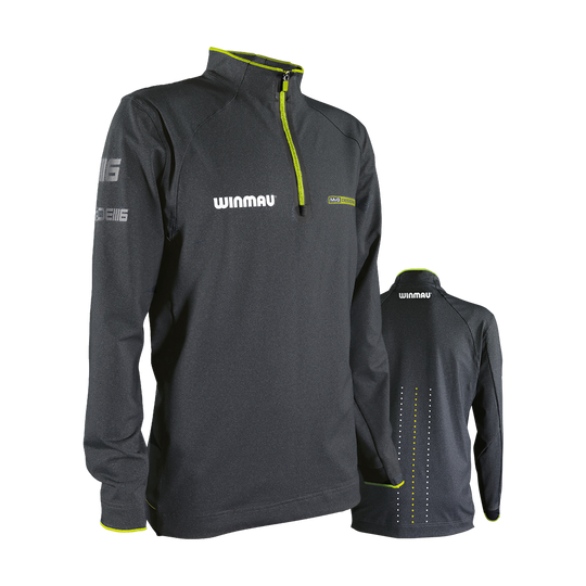 8409_Winmau_Michael_Van_Gerwen_Alpine_Top_Longsleeve_0_NEU Das Bild zeigt ein dunkelgraues Langarmshirt mit gelben Akzenten und einem Reißverschluss am Kragen. Auf dem Shirt sind die Logos "Winmau" und "MVG" zu sehen.