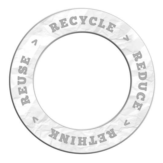 Ein graues Produkt mit dem Motto 'Recycle, Reuse, Reduce, Rethink' ist abgebildet. Das Bild basiert auf dem Dateinamen DBS-RRRR5_Surround_Recyle_Reuse_Reduce_Rethink_Grau_2.