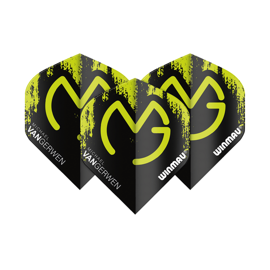 6900-234_Winmau_Mega_MvG_Green_Black_Standard_Flights_1y2NWSWIvwJmBx Das Bild zeigt die Winmau Mega MvG Green Black Standard Flights für Darts. Sie sind schwarz mit grünen Akzenten und tragen die Aufschrift "Michael van Gerwen" sowie "WINMAU".