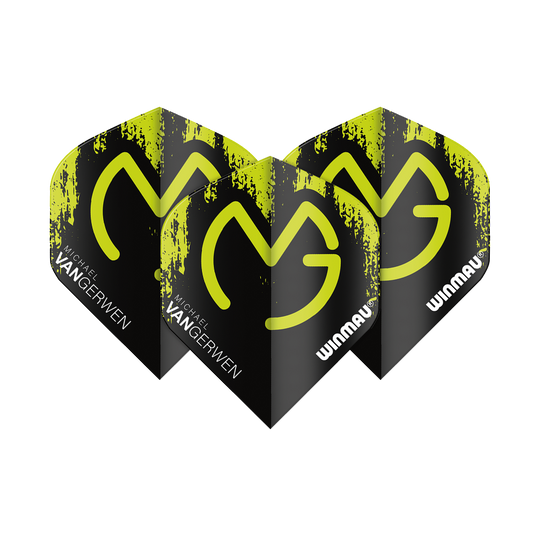 6900-234_Winmau_Mega_MvG_Green_Black_Standard_Flights_1y2NWSWIvwJmBx Winmau Mega MvG Green Black Standard Flights. Gezeigt sind Dartflights mit auffälligen grafischen Elementen.
