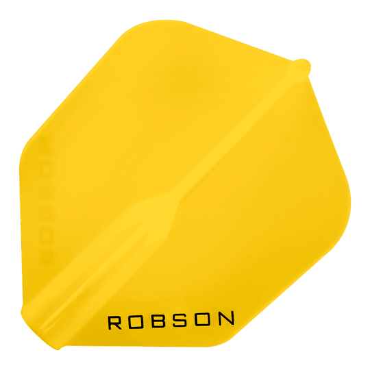Robson Plus No6 Flights Das Bild zeigt ein gelbes Dartflight mit der Aufschrift "ROBSON". Das Flight hat eine klassische, leicht abgerundete Form.