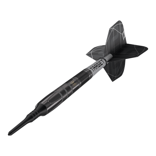 Měkké šipky Target Nathan Aspinall X Echo - 18g Das Bild zeigt den Softdart „Target Nathan Aspinall X Echo“ mit einem Gewicht von 18 Gramm. Der Dartpfeil ist schwarz und hat ein modernes, geriffeltes Design mit der Aufschrift "TARGET" auf dem Schaft.