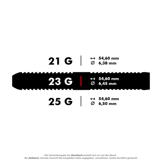 RD2550_Red_Dragon_Peter_Wright_Snakebite_Spirit_Steeldarts_5_23g Das Bild zeigt die Maße und Gewichte von Steeldarts in 21 g, 23 g und 25 g Ausführungen. Es werden jeweils die Länge von 54,60 mm und unterschiedliche Durchmesser für jedes Gewicht angegeben.