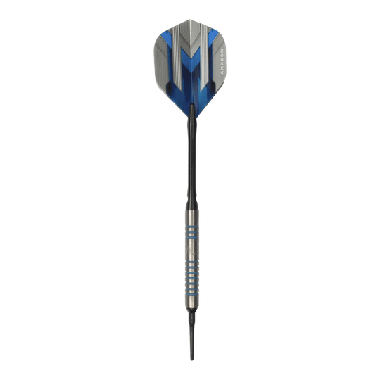 Dardos blandos McDart 85 Tungsten V1 - 17 g Dies ist ein McDart 85er Tungsten V1 Softdart mit einem Gewicht von 17g. Der Dart hat blaue und silberne Akzente und eine schwarze Spitze.