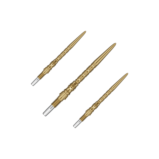 Target Signature Swiss Point TRB Steeldartspitzen - Gold Ein Set von Target SwissPoint Signature TRB Dartspitzen in Gold mit 30mm Länge ist zu sehen. Die Dartspitzen sind ordentlich angeordnet.