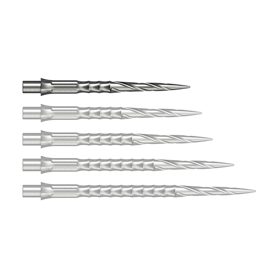 Das Bild zeigt wahrscheinlich eine 28 mm lange Steeldartspitze aus Silber. Die Spitze ist Teil des Caliburn Evo Systems und trägt die Bezeichnung Spiro NoLip.