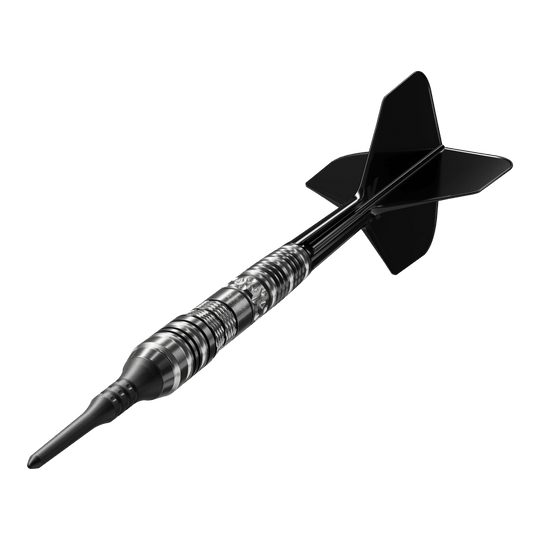Dardos blandos Target Japan Black Marque Dragon 3 - 18 g Das Bild zeigt einen schwarzen Softdart mit elegantem silbernen Muster. Es handelt sich um das Modell "Target Japan Black Marque Dragon 3 Softdarts - 18g".