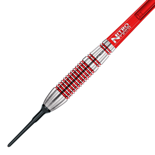 RD2137_Red_Dragon_Reflex_Softdarts_2 Das Bild zeigt einen Red Dragon Reflex Softdart mit einem Gewicht von 22 g. Der Dart hat ein silbernes und rotes Design mit dem Schriftzug "Nitro Tech" auf dem Schaft.