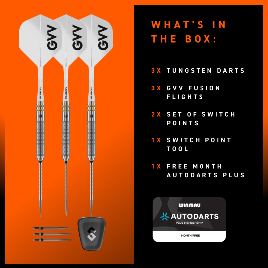 Die Winmau Gian Van Veen W-MAX Switch Point Steeldarts sind hier von der Seite zu sehen. Die Darts liegen auf einer hellen Oberfläche.