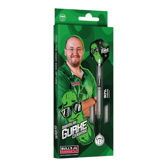 Bulls Max Czerwinski Gurke Steeldarts mit einem Gewicht von 23 Gramm. Diese Aufnahme zeigt Details des Dartpfeils.