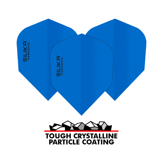 Harrows Silica Solid, odolný krystalický povlak, modrý č. 6, letky Das Bild zeigt blaue Dart-Flights der Marke Harrows Silika mit einer soliden, kristallinen Beschichtung. Unten im Bild steht "Tough Crystalline Particle Coating" mit einer grafischen Darstellung von Kristallen.