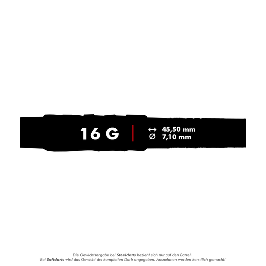 Dardos blandos McDart 85 Tungsten V4 - 16 g Das Bild zeigt die Produktinformationen der McDart 85er Tungsten V4 Softdarts mit einem Gewicht von 16 Gramm. Die Darts sind 45,50 mm lang und haben einen Durchmesser von 7,10 mm.