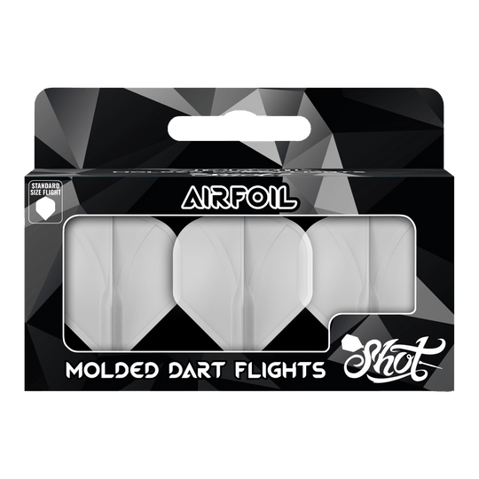 Profil aérodynamique moulé n°2 Vols standard Auf dem Bild ist eine Packung mit geformten Dart-Flights der Marke Shot zu sehen. Die Flights sind durchsichtig und in einer schwarzen Verpackung mit der Aufschrift "Airfoil" präsentiert.