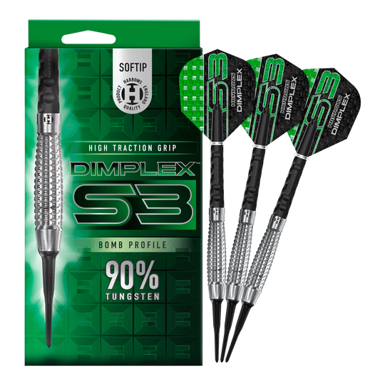 Freccette morbide Harrows Dimplex S3 Bomb Auf dem Bild sind die Harrows Dimplex S3 Bomb Softdarts und ihre Verpackung zu sehen. Die Darts haben einen hohen Grip und bestehen zu 90% aus Tungsten.