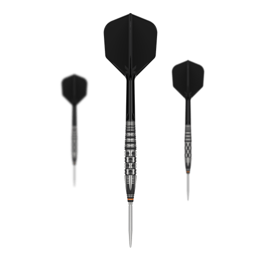 Target Japan Black Marque Dancing Duck GEN 4 Steeldarts Das Bild zeigt drei schwarze Steeldarts des Modells "Target Japan Black Marque Dancing Duck GEN 4". Die Darts haben silberne Spitzen und geriffelte Griffbereiche für bessere Kontrolle.
