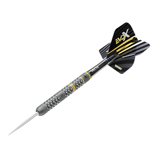 Ocelové šipky Winmau Michael Van Gerwen Evo-X Das Bild zeigt einen Winmau Michael Van Gerwen Evo-X Steeldart. Der Dart hat ein schwarzes und gelbes Design mit metallischer Spitze und strukturierter Griffzone.