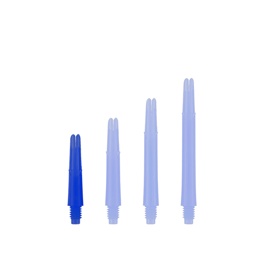 L-Style L-Shafts Locked Straight - Blue 130 Auf dem Bild sind vier blaue, gerade Dartschäfte in unterschiedlichen Längen zu sehen. Sie stehen nebeneinander auf weißem Hintergrund.