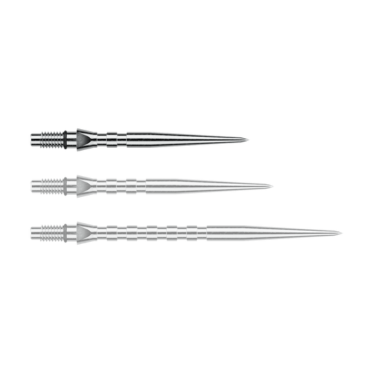 Ocelové hroty na šipky Winmau Switch Point Groove - stříbrný efekt Abgebildet ist eine einzelne silberne Steeldartspitze mit Rillen, vermutlich vom Typ 'Switch Point Groove Silver Effect' und 26mm. Diese Spitze eignet sich für Steeldarts.