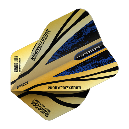 Red Dragon Hardcore Premium Luke Humphries Zlaté standardní lety Das Bild zeigt das Produkt "Red Dragon Hardcore Premium Luke Humphries Gold Standard Flights". Die Dart-Flight ist goldfarben mit schwarzen und blauen Akzenten und trägt die Aufschrift "Luke Humphries World Champion".