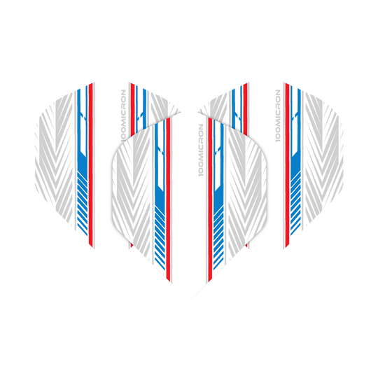 Vuelos de pentatlón blanco/azul/rojo Das Bild zeigt die Pentathlon White Blue Red No2 Standard Flights. Sie haben ein weißes Design mit blauen und roten Streifen sowie grauen Mustern.