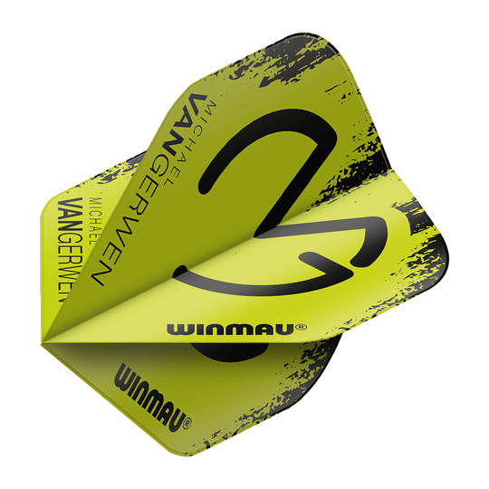 6900-232_Winmau_Mega_MvG_Black_Green_Standard_Flights_2 Winmau Mega MvG Black Green Standard Flights in stilisierter Darstellung. Die Flights liegen gestapelt vor hellem Hintergrund.